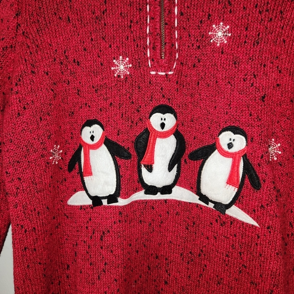 Vintage Christopher & Banks  1/4 Zip Penguin Pullover Sweater Red Snowflakes Med - Picture 3 of 8